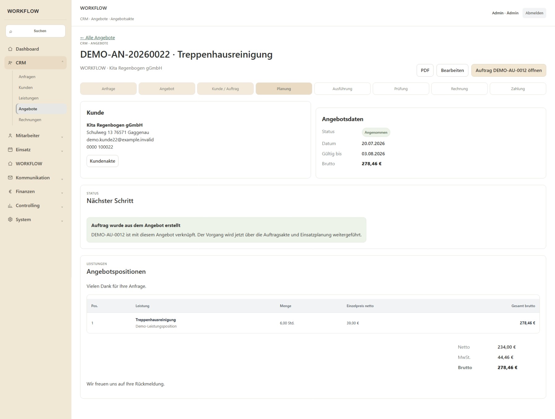 WORKFLOW Angebot mit Übergang zum Auftrag