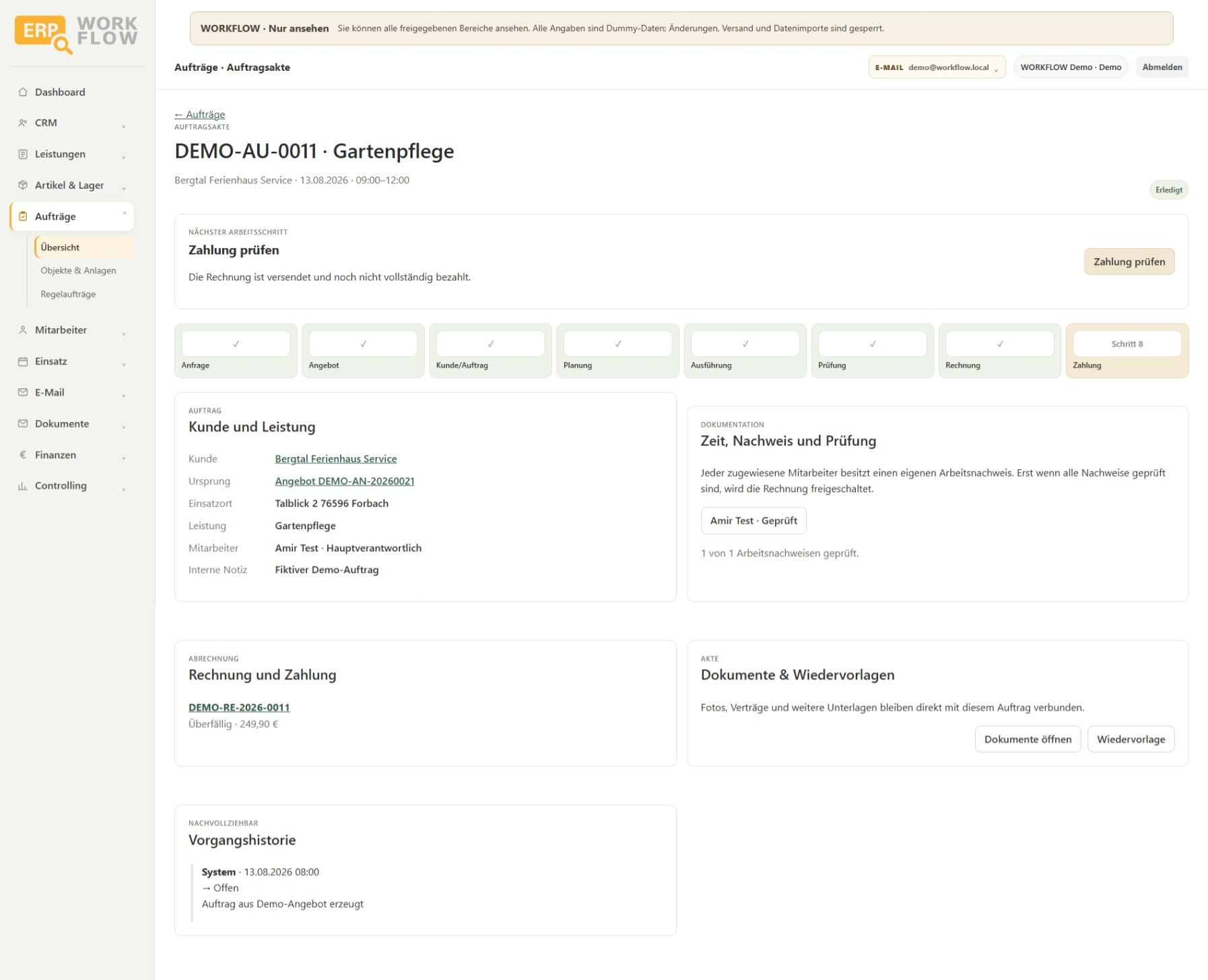 ERP Workflow: Auftragsakte mit den verbundenen Arbeitsschritten.